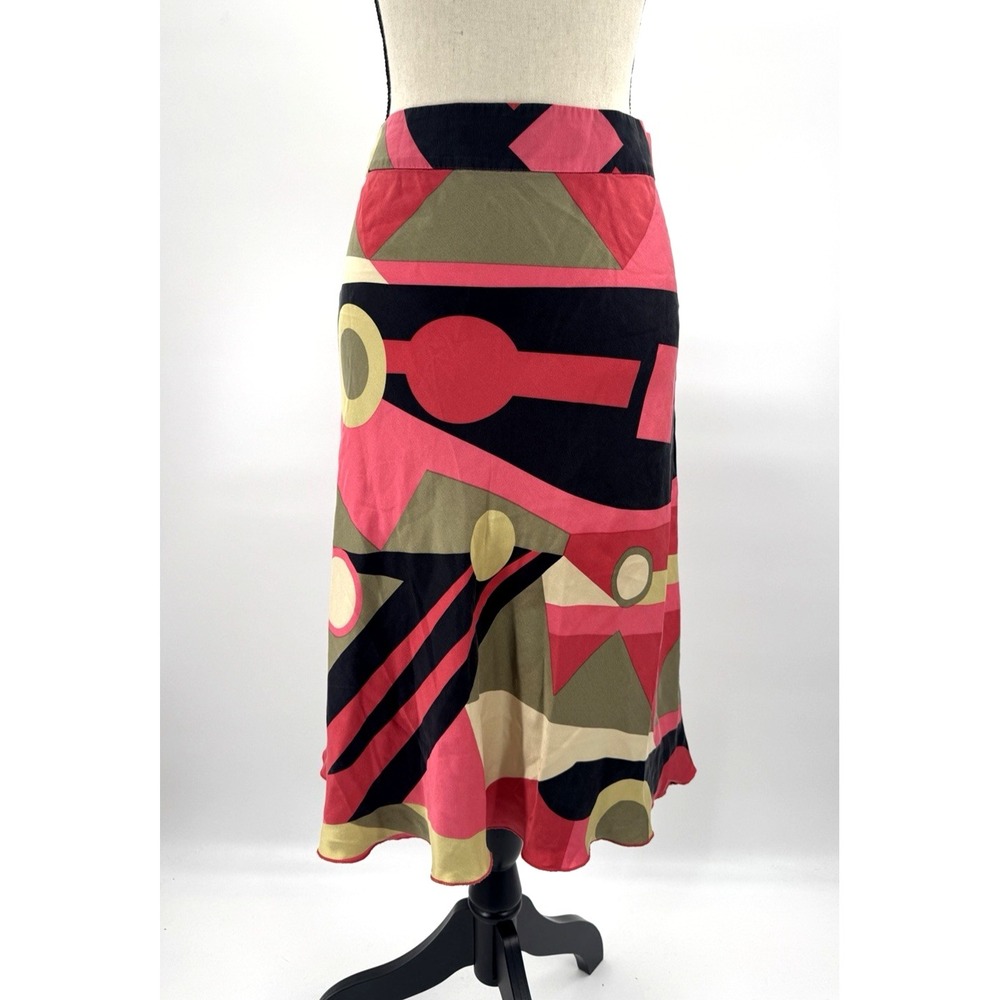 VTG Y2K Kenzie Womens 10 Midi Skirt 100% Silk Geometric Abstract Bold Retro Chic